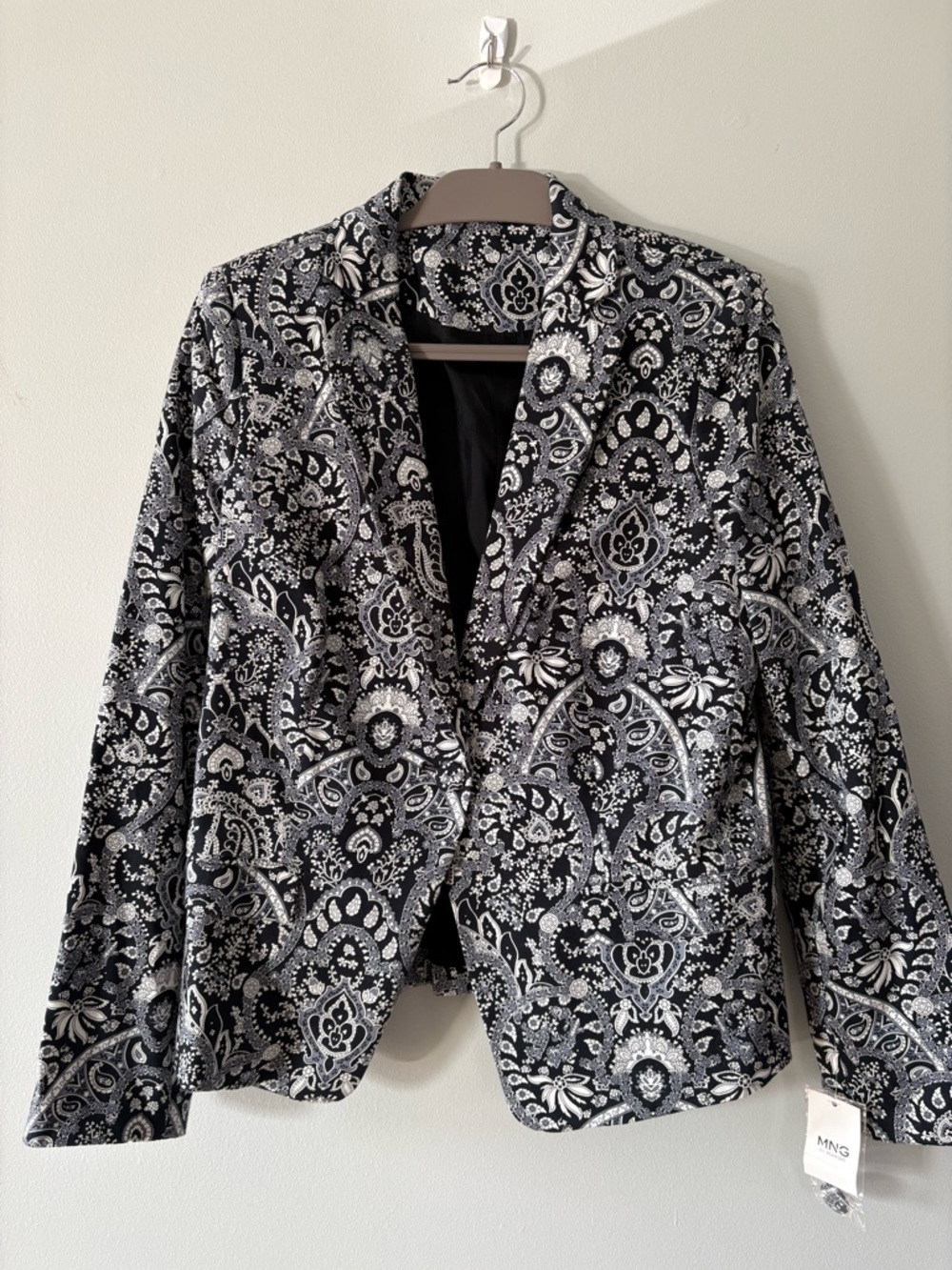 Mango Black and White Paisley Blazer